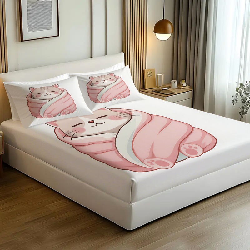 Cute Cat Print Fitted Sheet Se - đánh giá và giá Fitted Bed Sheets Deep Pocket